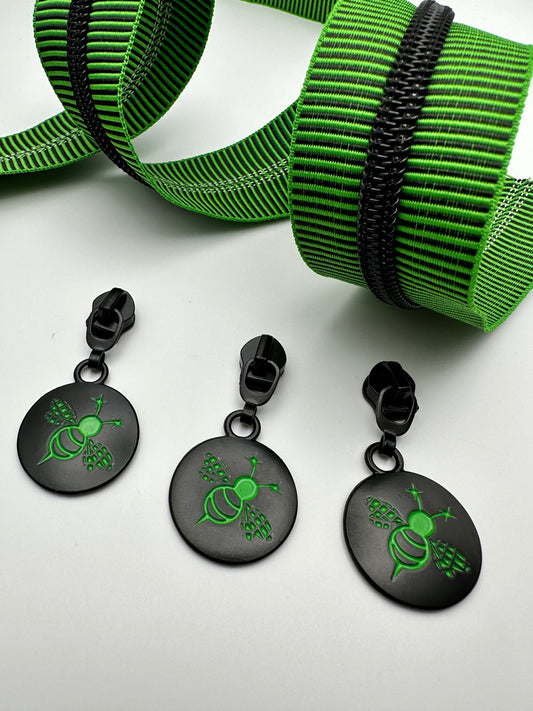Lime stripe zipper tape with Bee Pulls